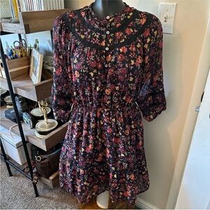 LOFT Multicolor Floral Patterned Navy Dress with Lace Trim